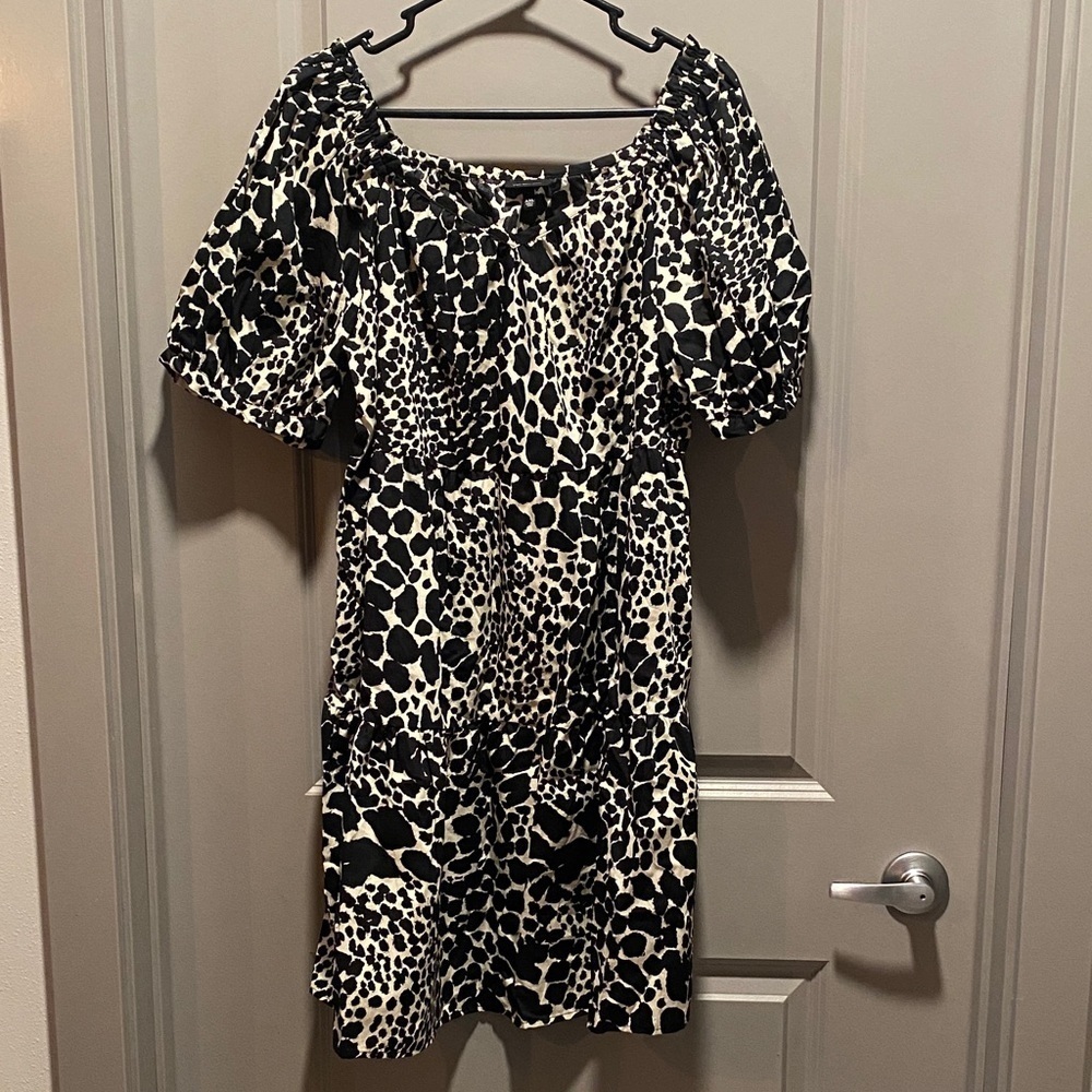 Black White Animal Print Mini Dress Puff Sleeve Smocked Casual Chic XXL NWT